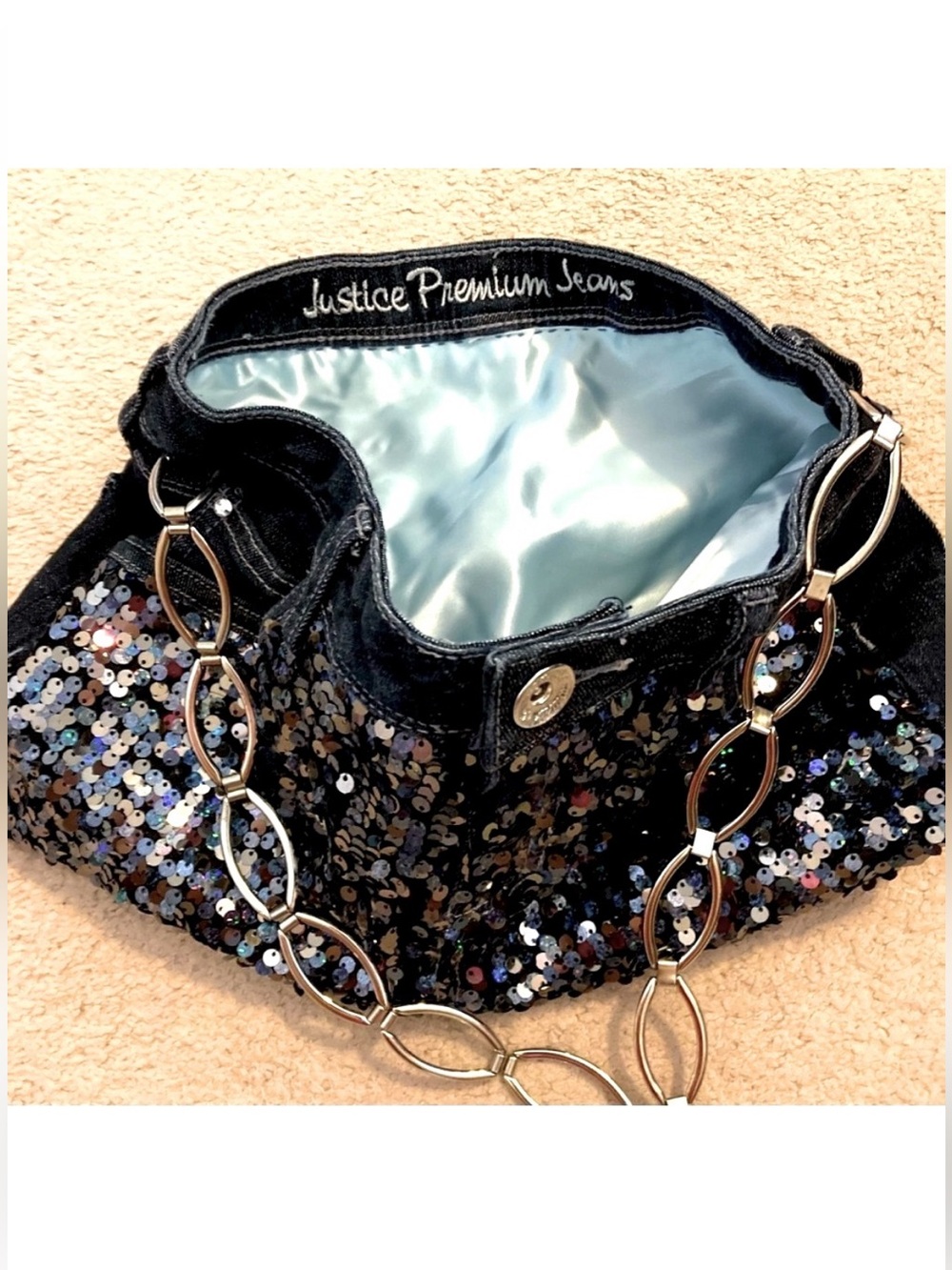 Justice Blue Denim Vintage Metallic Sequin Shoulder Purse Bag